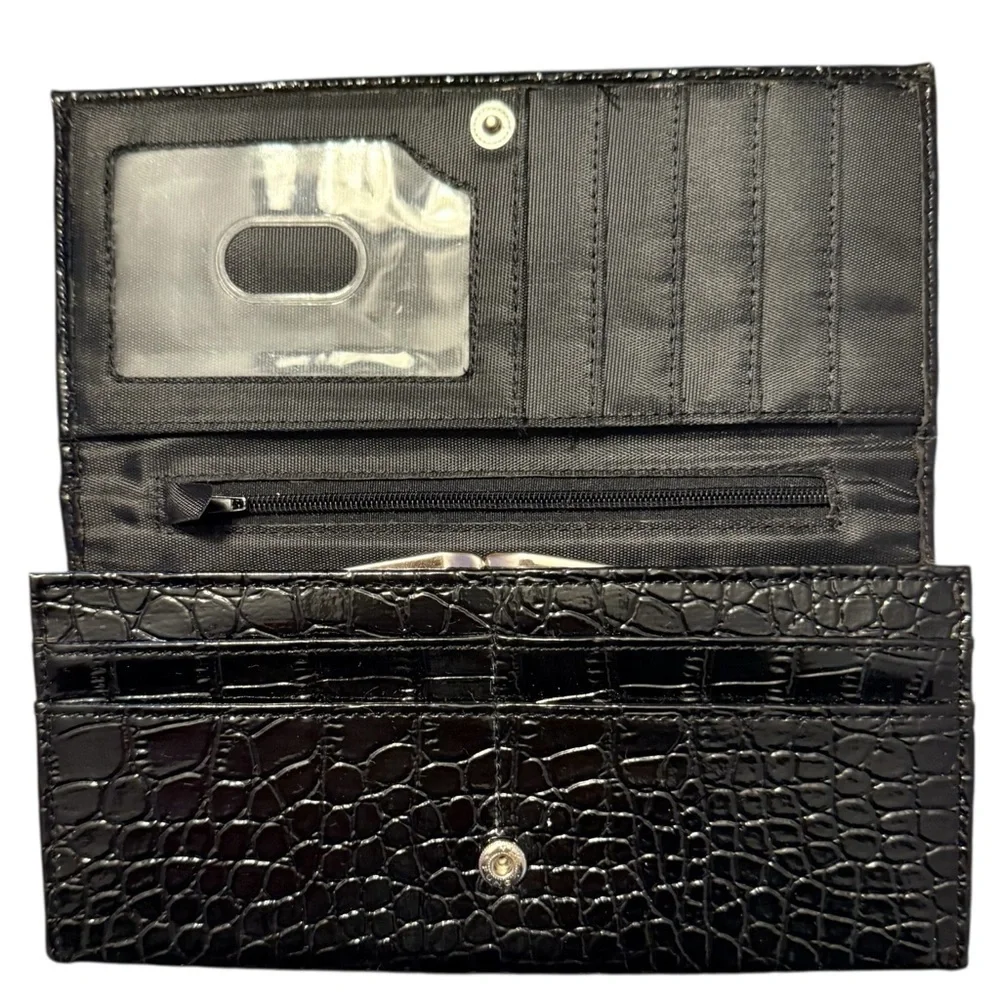 Metropolitan Croc Embossed Bifold Kiss Lock Wallet Clutch Black Vegan Leather